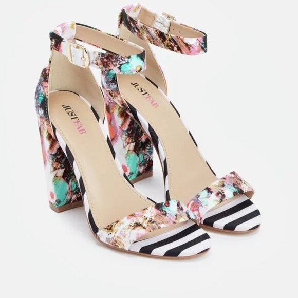 NEW! 'Persefinee' Floral Stripe Mixed Print Open Toe Block Heel Sandals Shoes - Picture 6 of 7